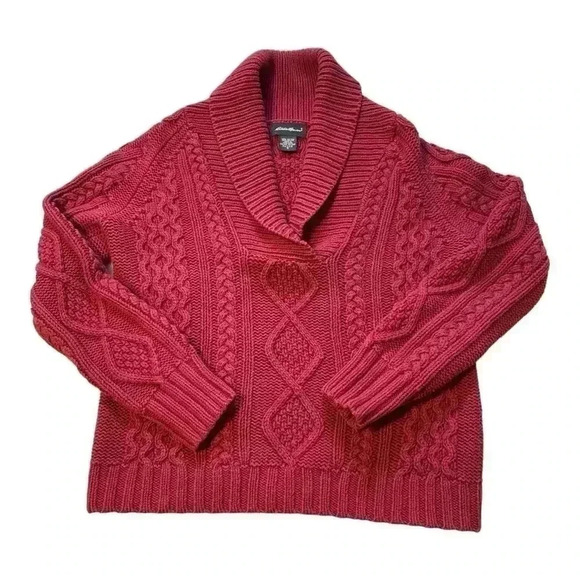 Vintage Eddie Bauer Womens Sweater Cable Knit‎ Red Fisherman Cowl V Neck Sz PS - Picture 1 of 11